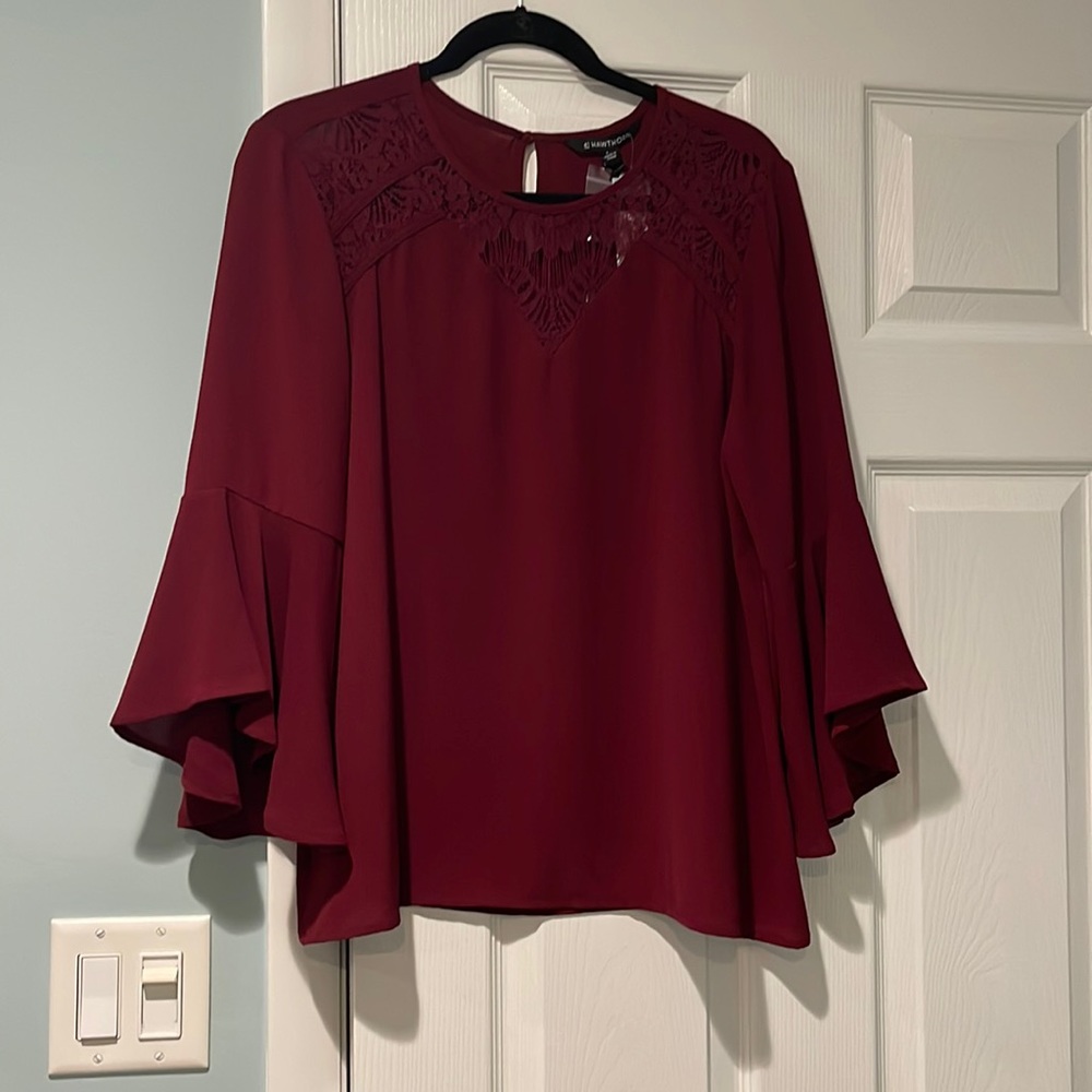 41 Hawthorn. Isabella lace front blouse. Color: Burgundy. Size: L.